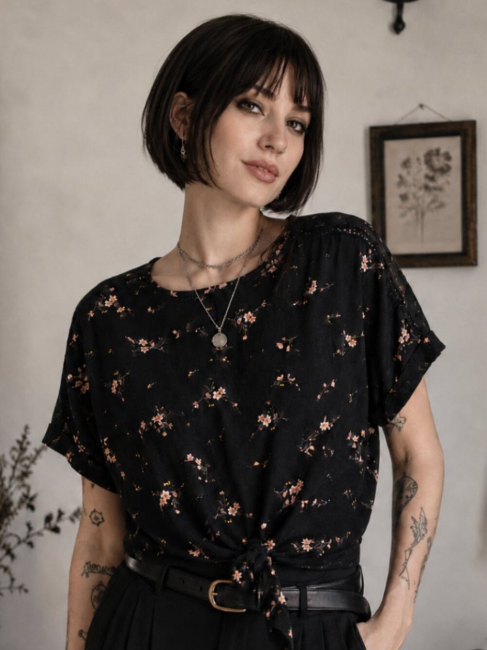 Floral Tie Front Blouse, Black, with Inset Detail on Sleeves, Size Small